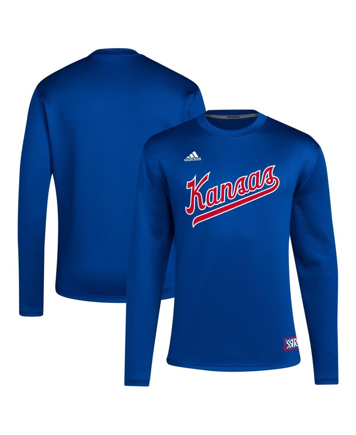 Mens adidas Royal Kansas Jayhawks Reverse Retro Baseball Script Pullover Sweatshirt Product Image