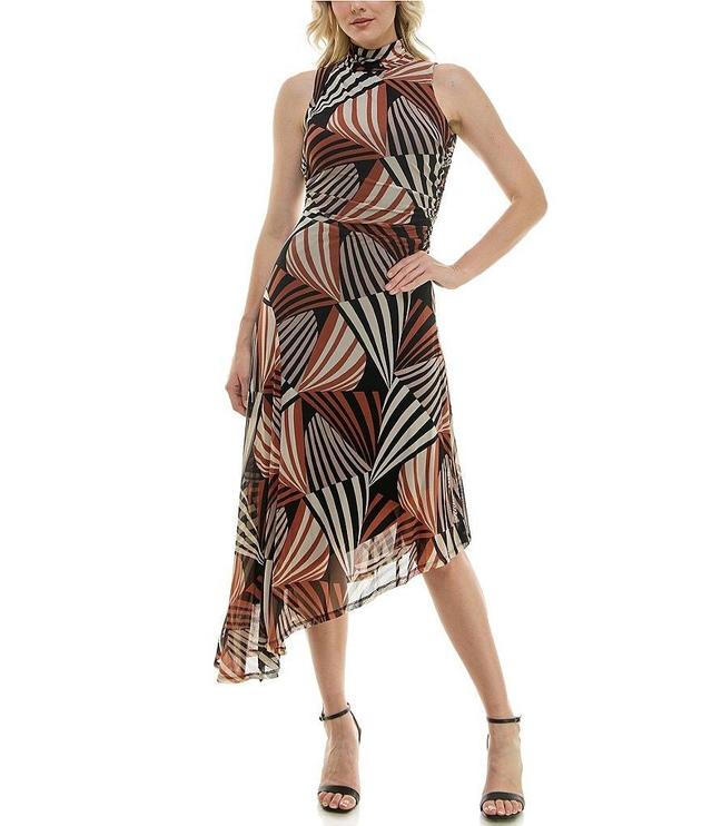 Taylor Printed Mesh Mock Neck Sleeveless Side Gathered Asymmetrical Midi Dress Product Image