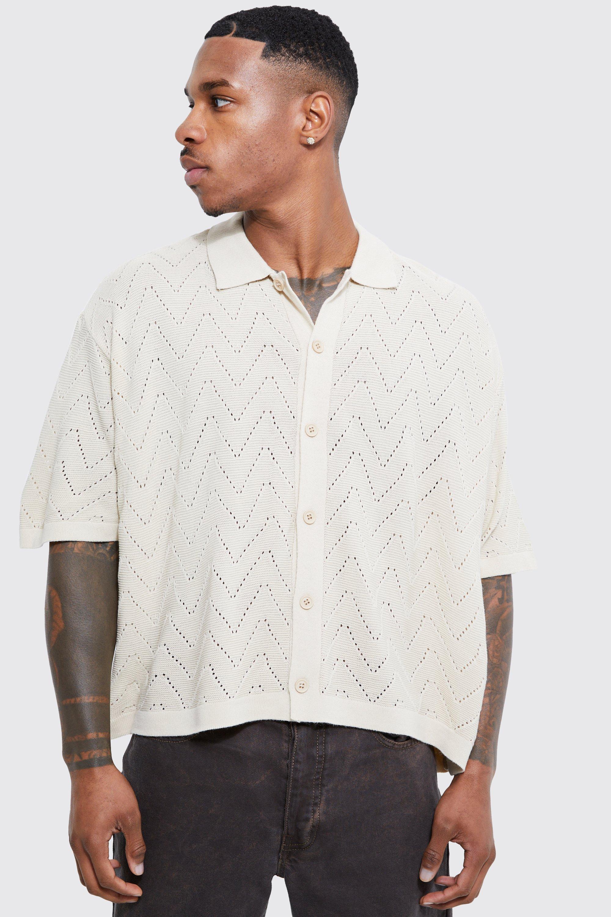 Mens Beige Short Sleeve Boxy Open Stitch Knitted Shirt, Beige Product Image