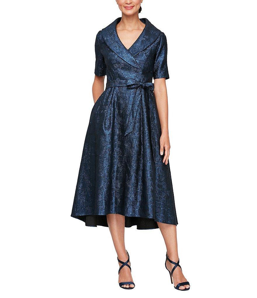 Alex Evenings Portrait Collar Dress Short Sleeve Tie Waist Jacquard Fit And Flare Dress Product Image