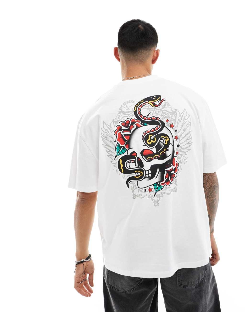 ASOS DESIGN oversized T-shirt in white with skull & snake back print Product Image