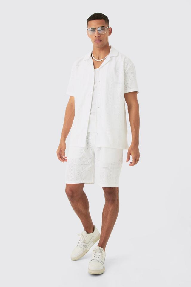 Mens White Oversized Revere Stretch Broderie Shirt & Short Set, White Product Image