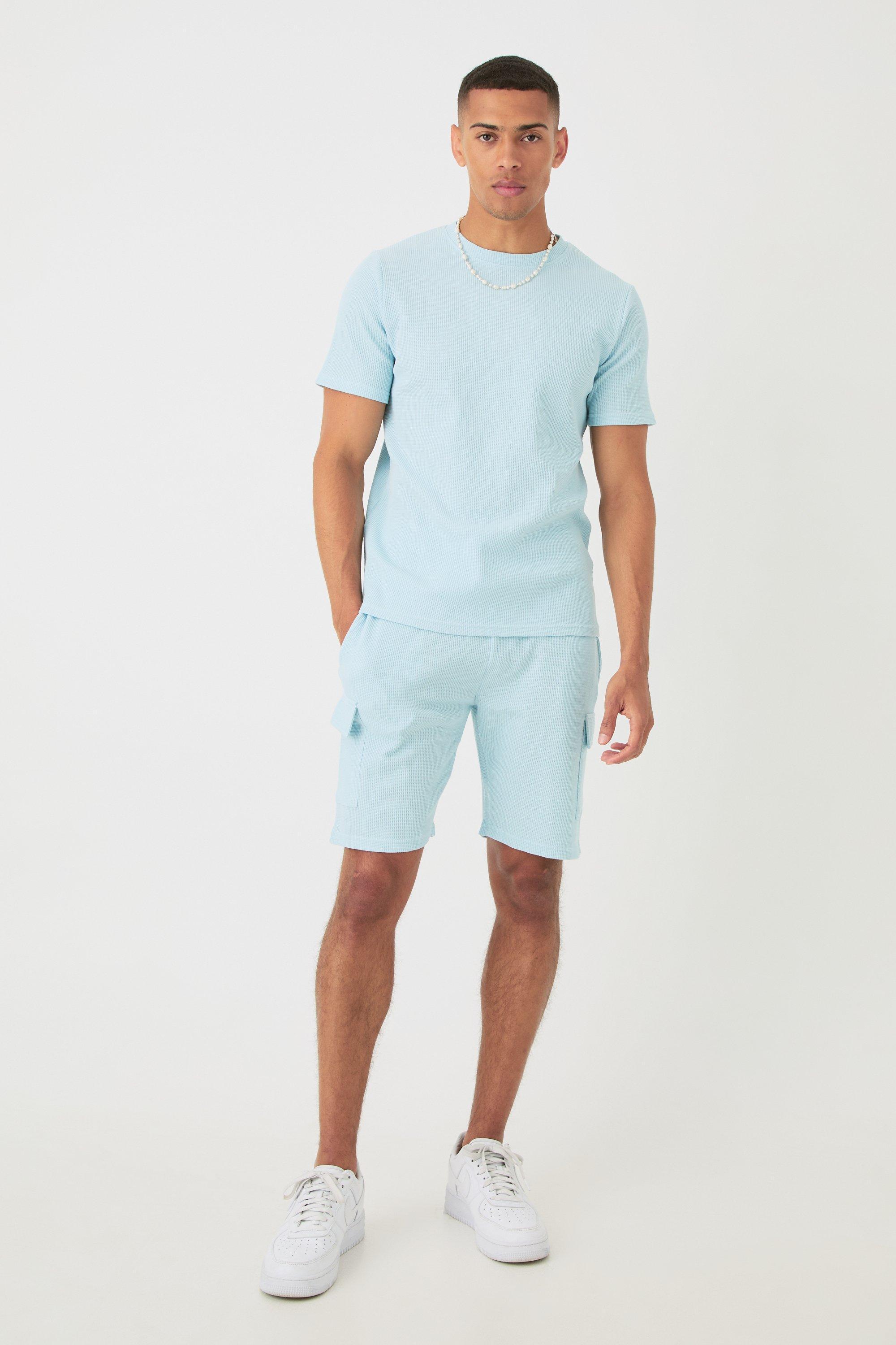 Mens Blue Slim Waffle T-shirt & Cargo Short Set, Blue Product Image