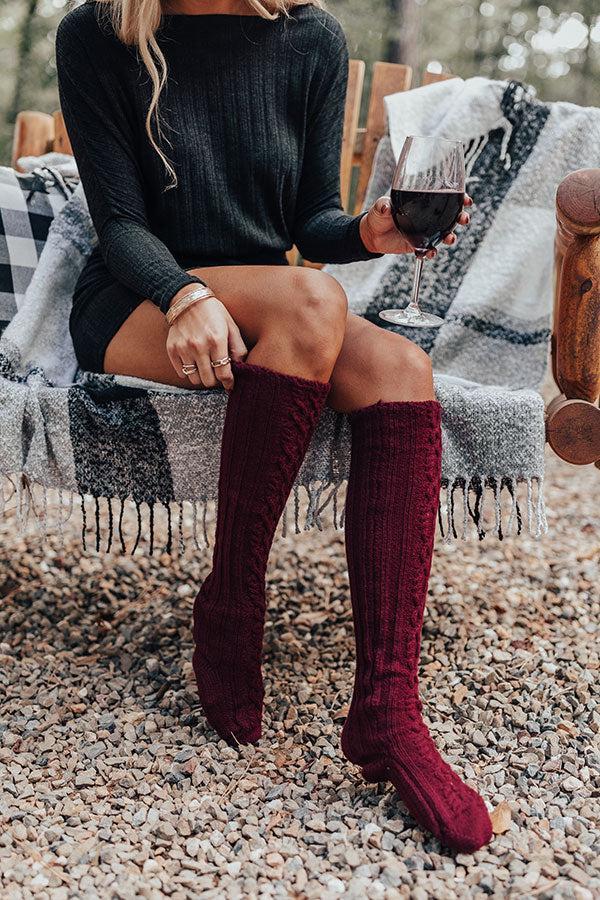 Cozy Vibes Thigh High Cable Knit Socks In Wine Product Image