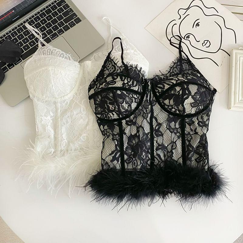 V-Neck Lace Trim Fluffy Hem Bustier Top Product Image