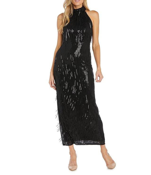 R & M Richards Sleeveless Halter Neck Embroidered Sequin Fringe Dress Product Image