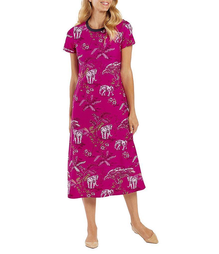 Jude Connally Alexandra Elephant Safari Print Jude Cloth Stretch Knit Crew Neck Short Sleeve A-Line Midi T-Shirt Dress Product Image