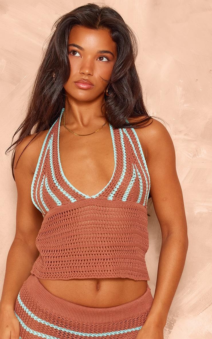 Mocha Stripe Crochet Knit Plunge Crop Top Product Image