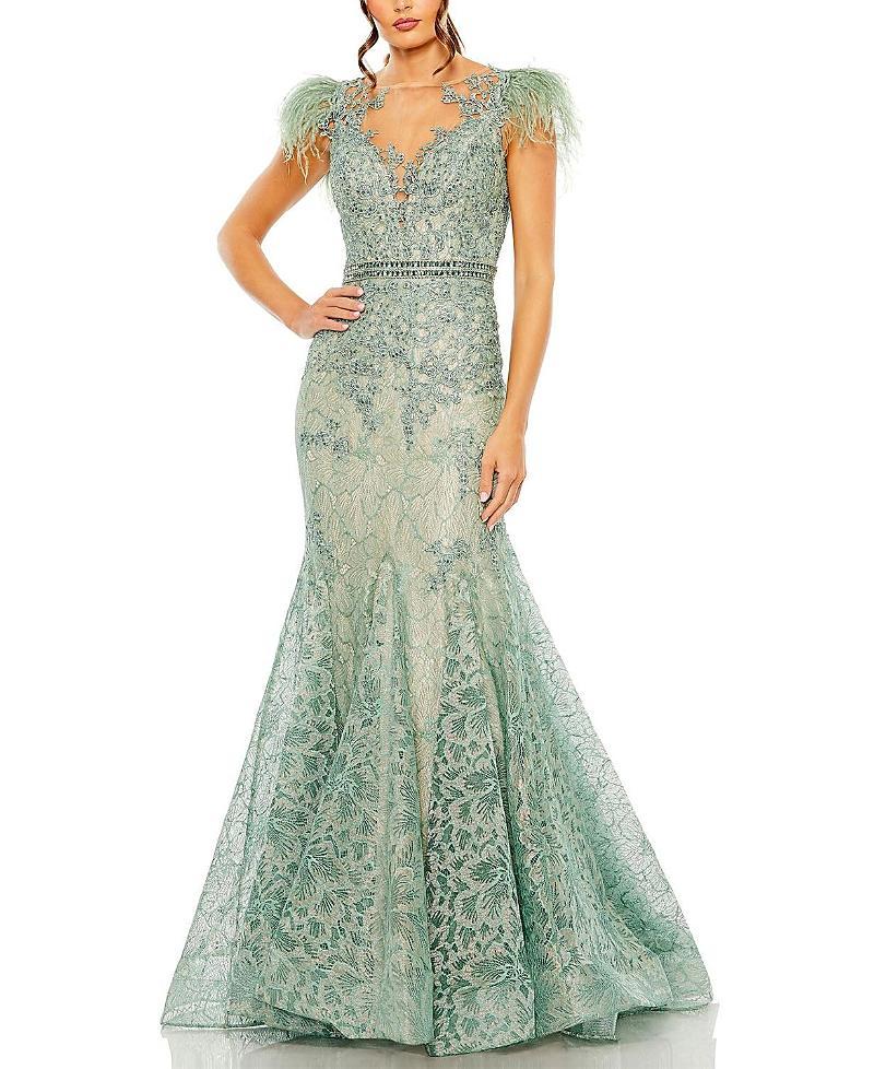 Mac Duggal Illusion Sequin Lace Feather Sleeve Mermaid Gown Product Image