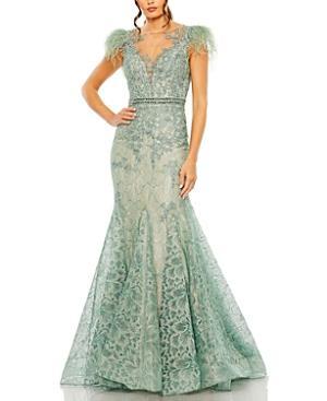 Mac Duggal Illusion Sequin Lace Feather Sleeve Mermaid Gown Product Image