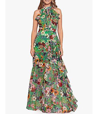 Betsy & Adam Women's Sleeveless Floral Halter Neck Gown, Green, 10 Product Image