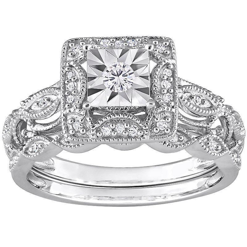 Stella Grace Sterling Silver 1/5 Carat T.W. Diamond Square Halo Engagement Ring Set, Womens Product Image