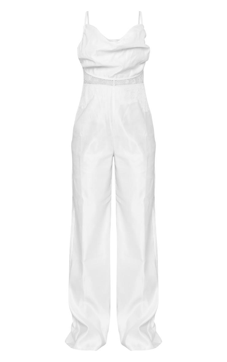 White Satin Cowl Lace Insert Strappy Jumpsuit Product Image