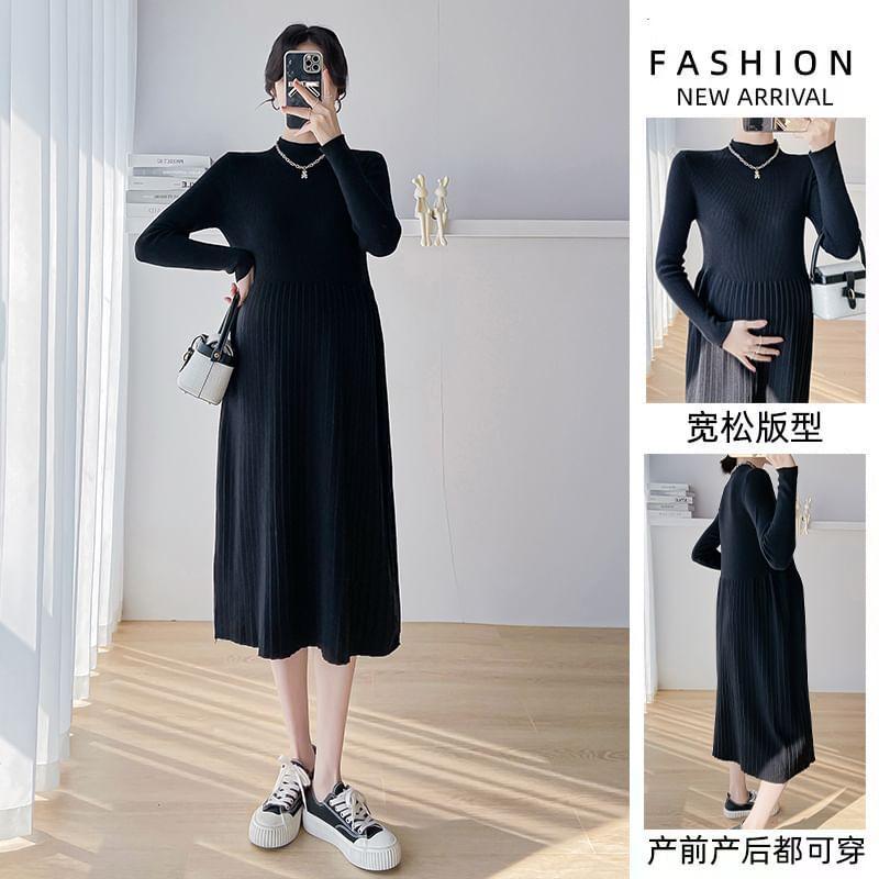 Maternity Long-Sleeve Crewneck Plain Knit Midi A-Line Dress Product Image