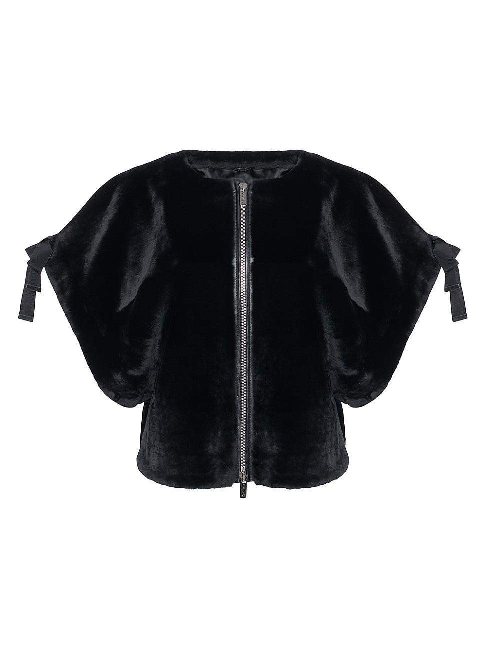 Bow Short-Sleeve Shearling Lamb Collarless Jacket Product Image