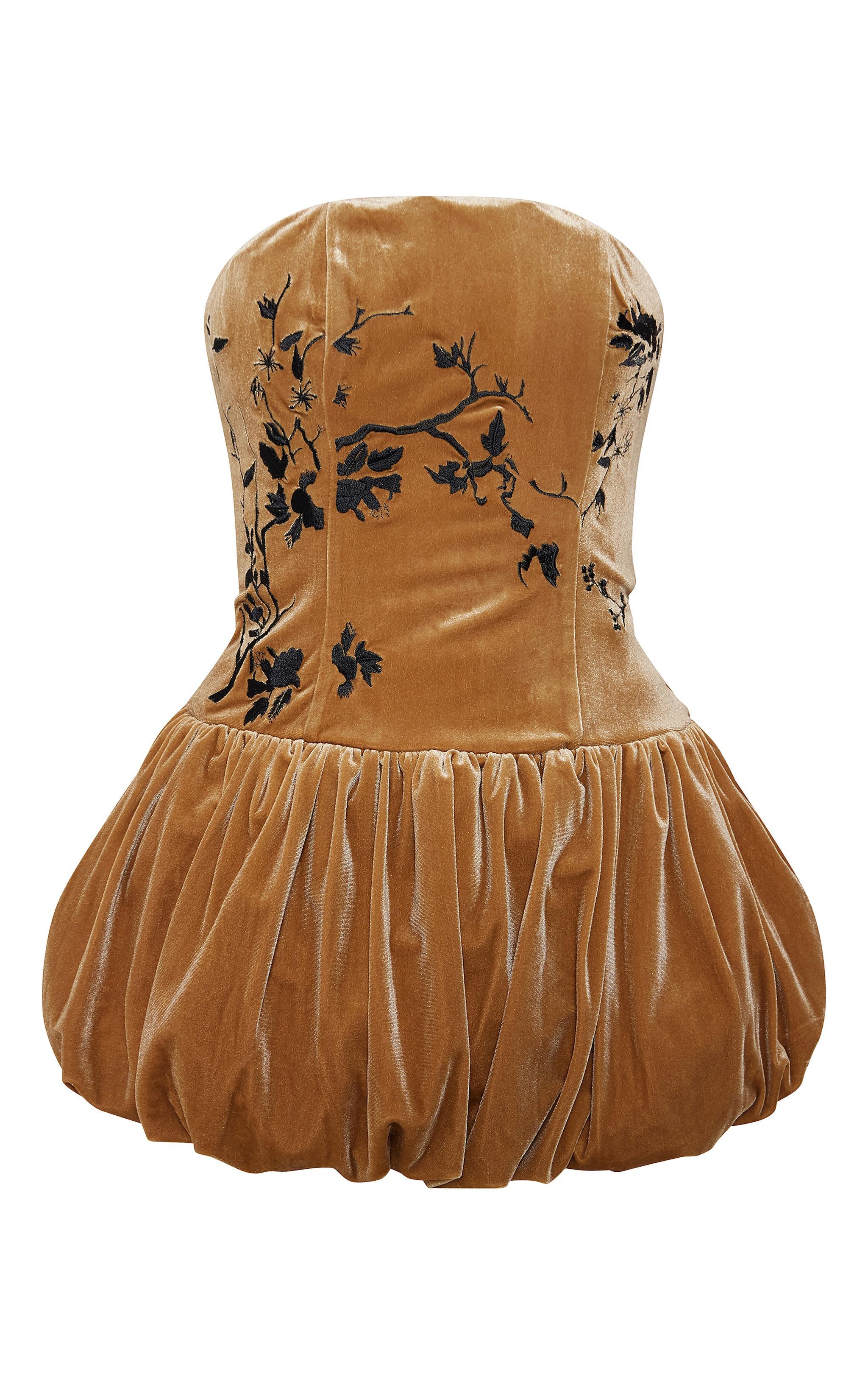 Golden Olive Velvet Embroidered Detail Puffball Dress Product Image