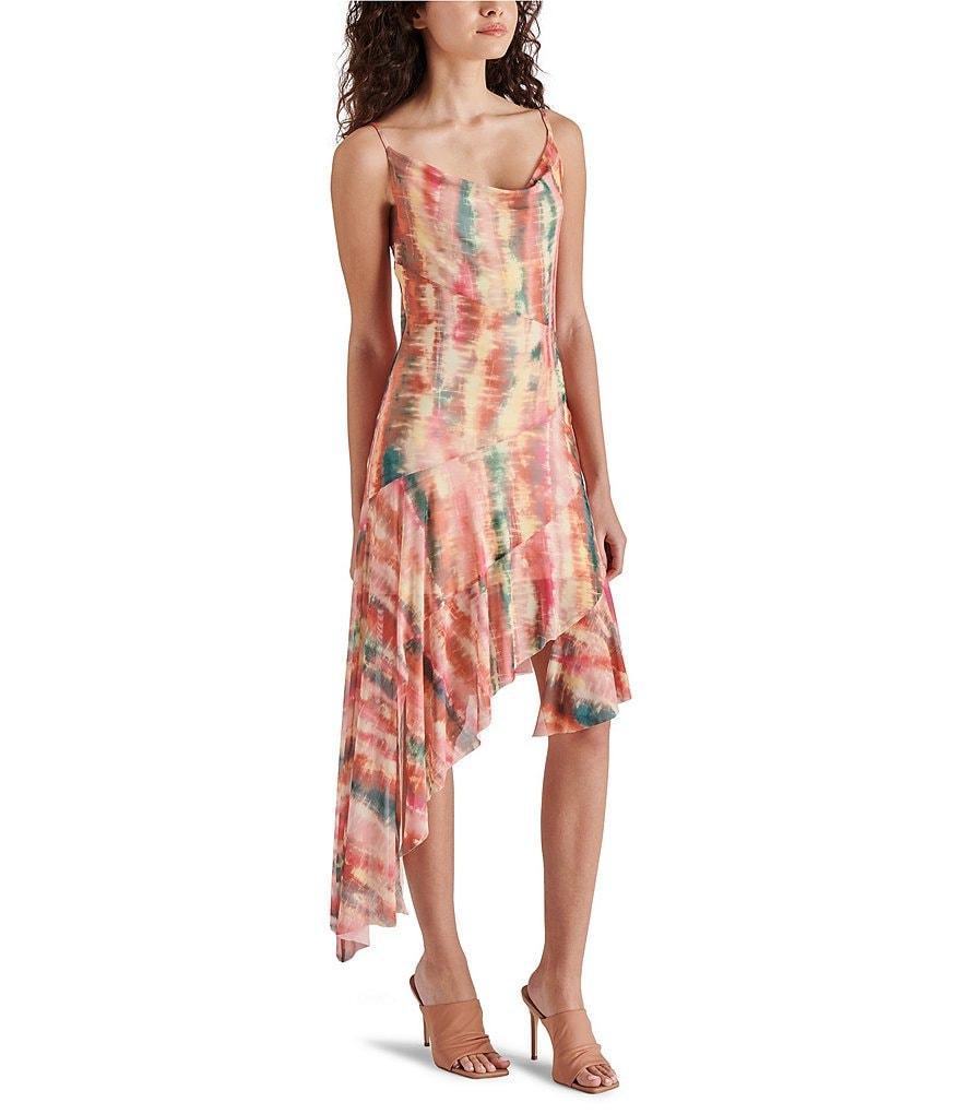 Steve Madden Calla Print Mesh Ruffle Cowl Neck Sleeveless Asymmetrical Hem Midi Dress Product Image