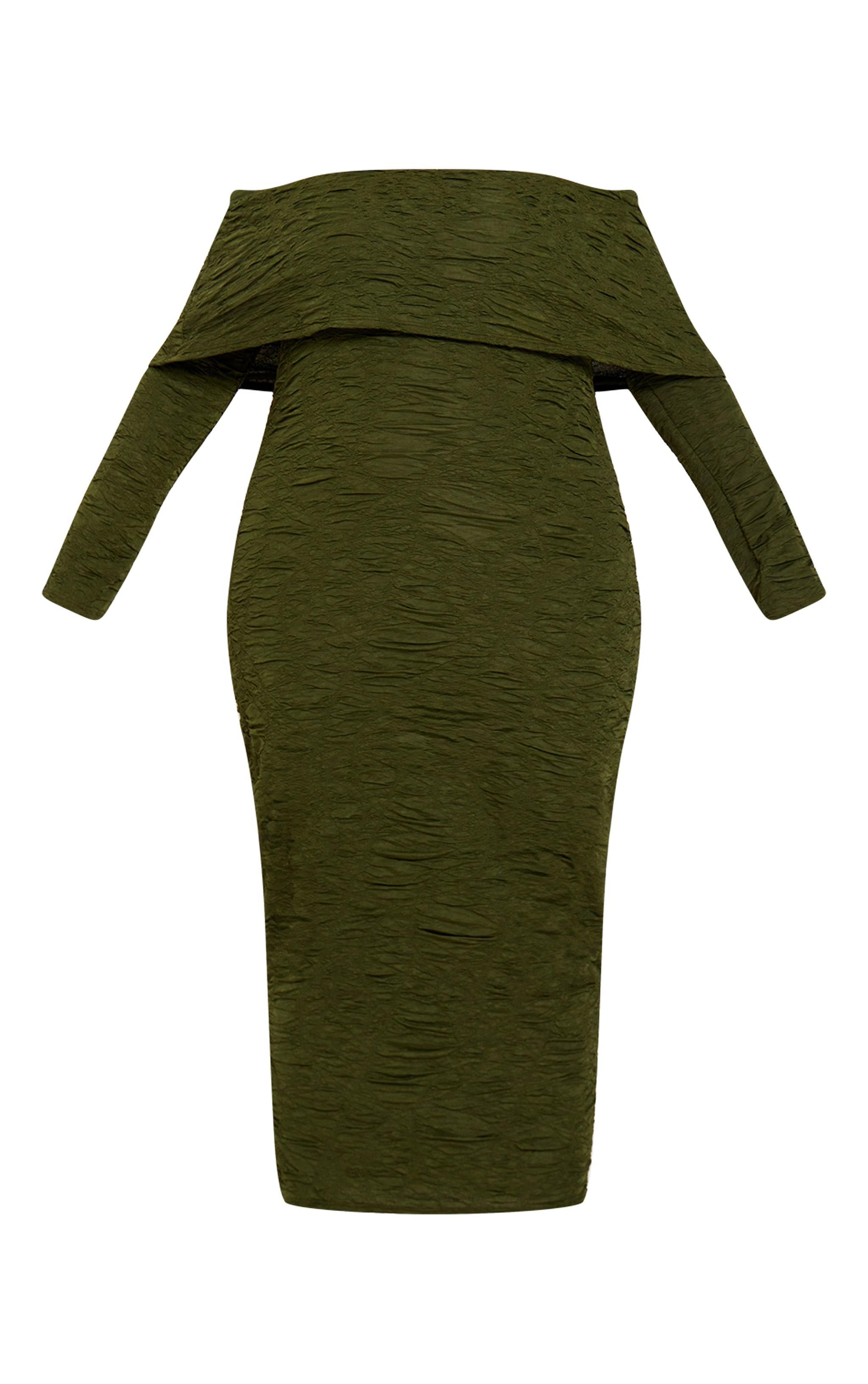 Plus Khaki Textured Fold Over Bardot Midi Dress Product Image