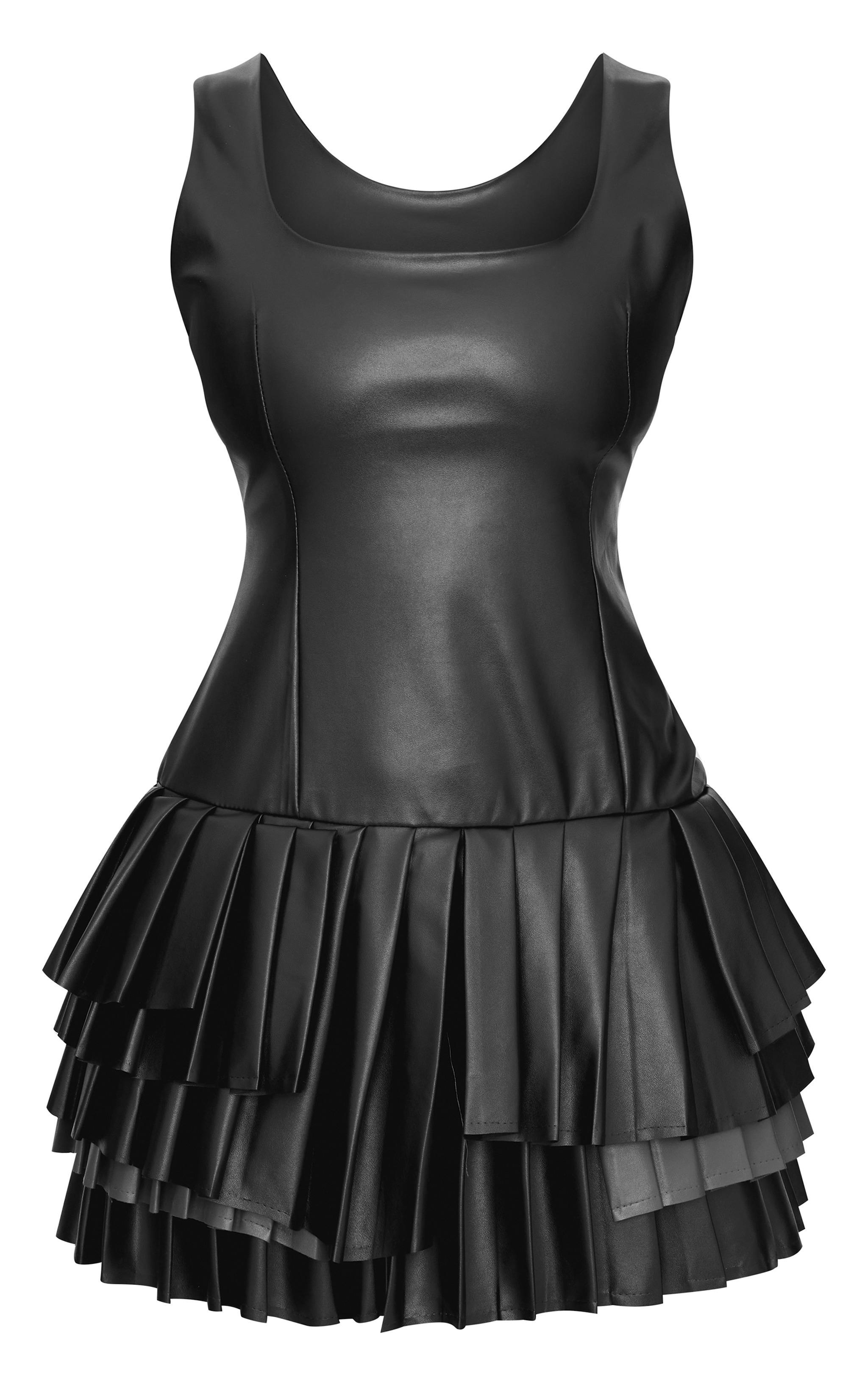 Black Faux Leather Pleated Asymmetric Mini Dress Product Image