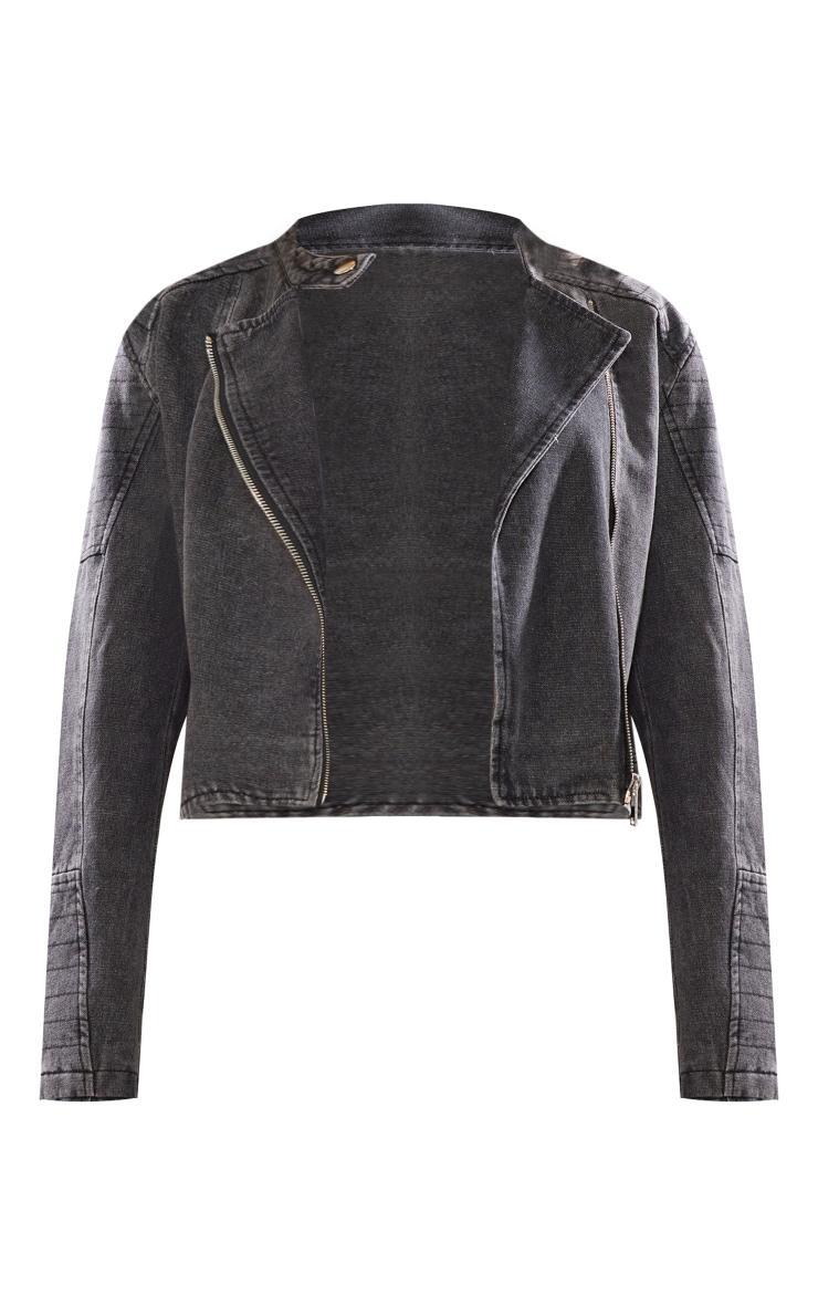 Washed Black Denim Belted Hem Motorcross Jacket Product Image