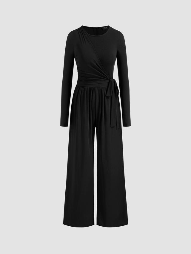 Round Neckline Solid Ruched Knotted Wide Leg Jumpsuit Product Image