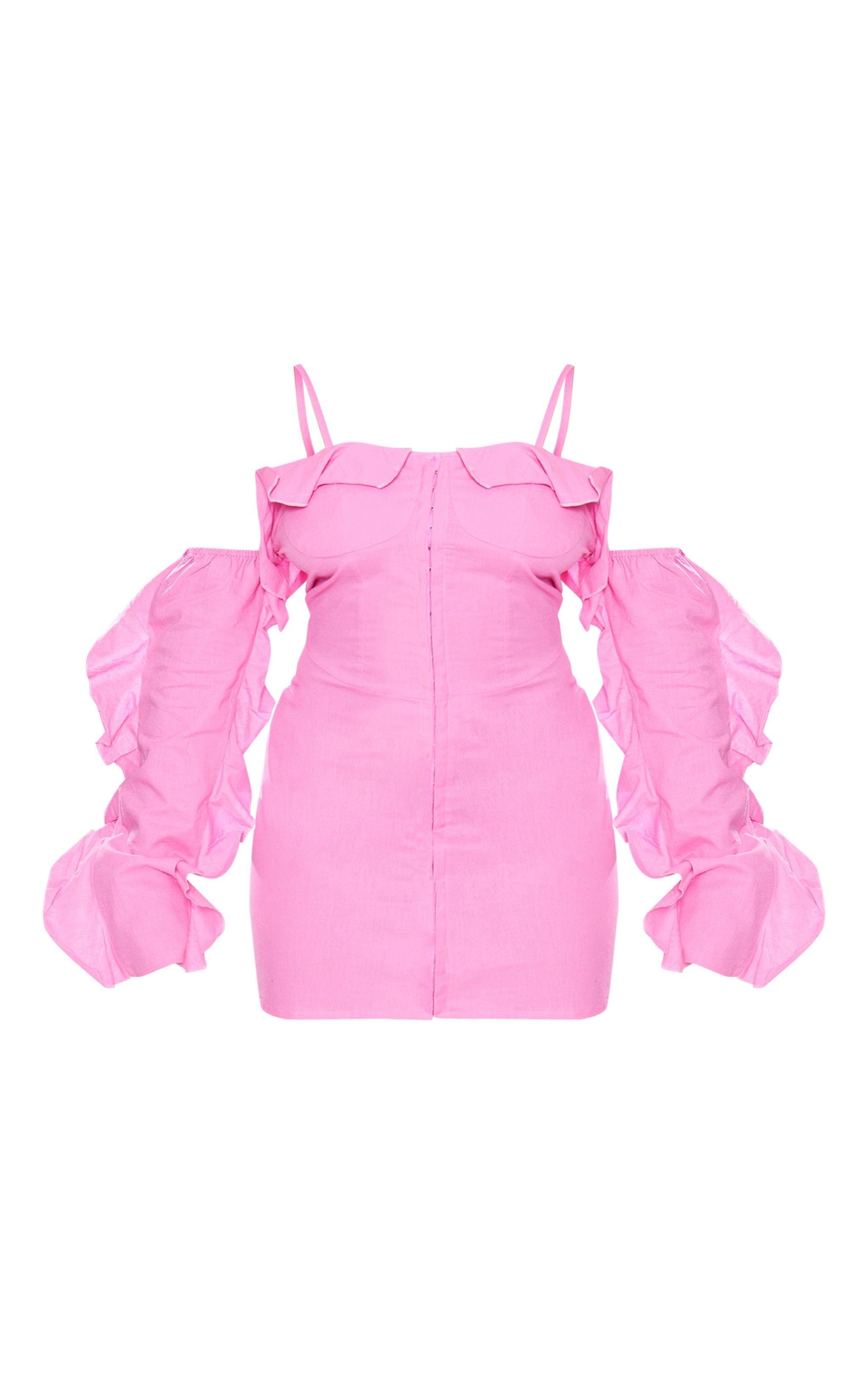 Plus Pink Linen Look Frill Bardot Bodycon Dress Product Image