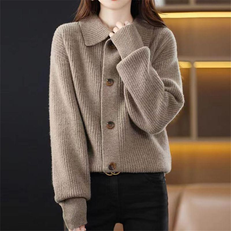 Lapel Collared Plain Button Up Cardigan Product Image