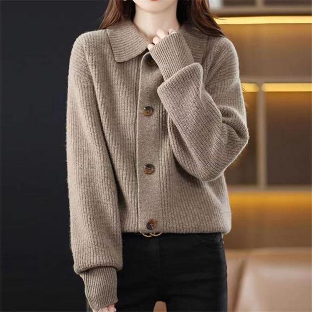 Lapel Collared Plain Button Up Cardigan Product Image