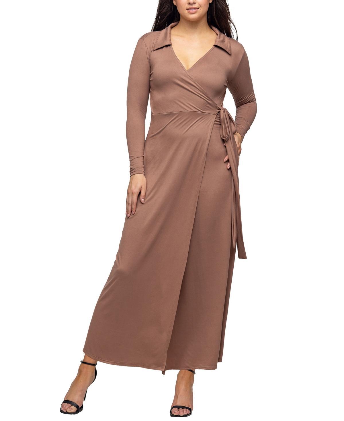 Womens 24Seven Comfort Apparel Comfortable Collared Wrap Maxi Dress Brown Product Image