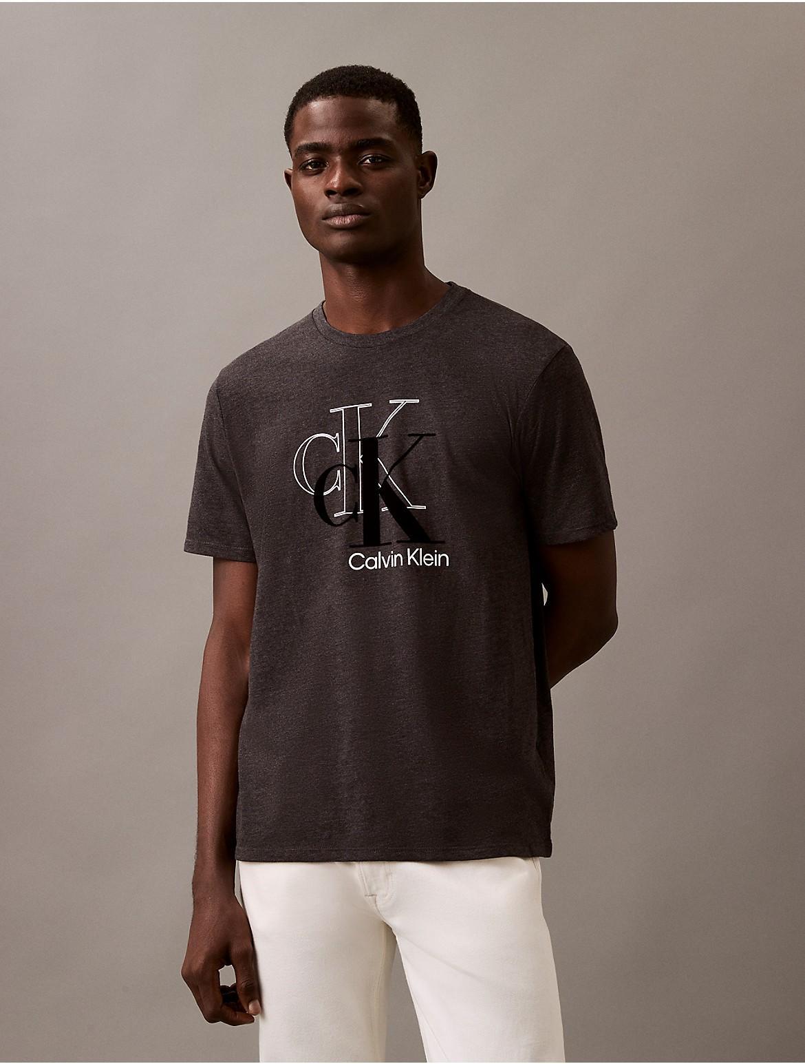 Calvin Klein Mens Flocked Layered Monogram Logo Graphic Classic T-Shirt - Blue - L Product Image