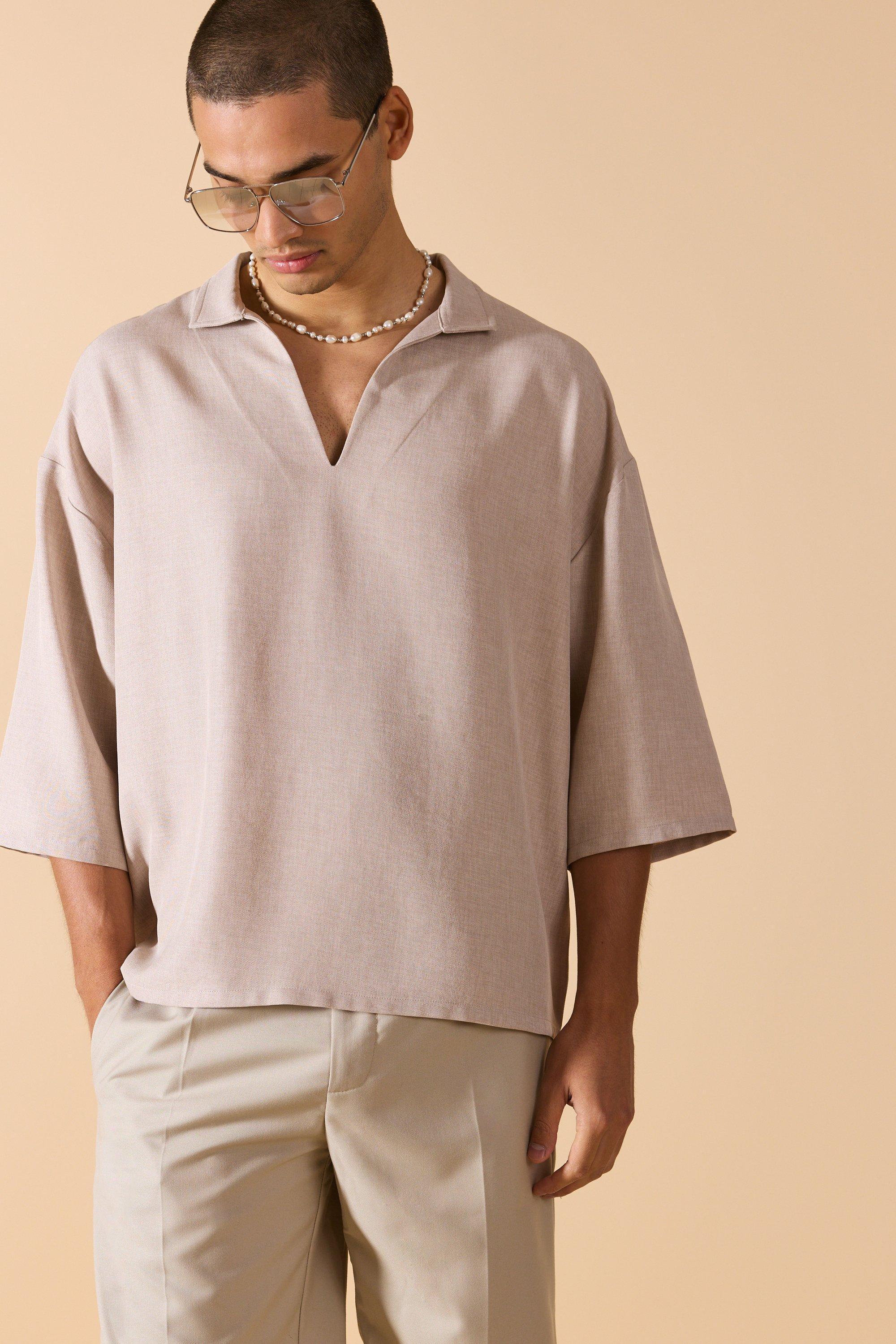 Mens Beige Linen V-neck Oversized Shirt, Beige Product Image