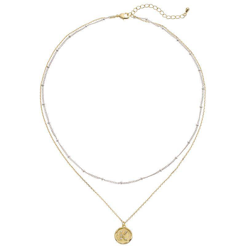 City Luxe Two Tone Layered Initial Disc Necklace with Cubic Zirconia, Womens Two Tone A Product Image