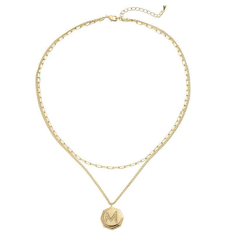 City Luxe Gold Tone Layered Initial Disc Necklace with Cubic Zirconia, Womens Gold Tone S Product Image