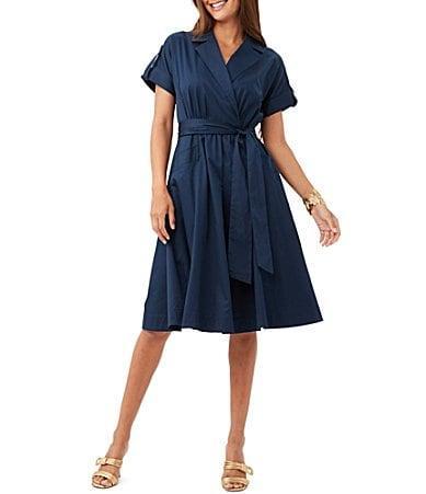 Trina Turk Commodore Organic Cotton Notch Lapel Collar Short Roll-Tab Sleeve Belted Wrap Dress Product Image