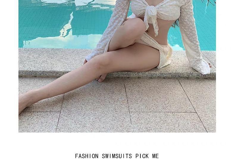 Set: Halter Plain Bikini Top + Bottom + Long-Sleeve Cover Up + Skirt Product Image