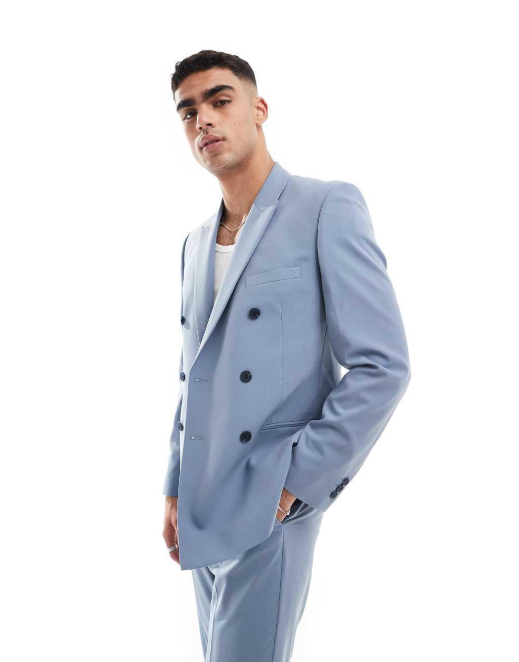 ASOS DESIGN skinny double breasted blazer in blue Product Image