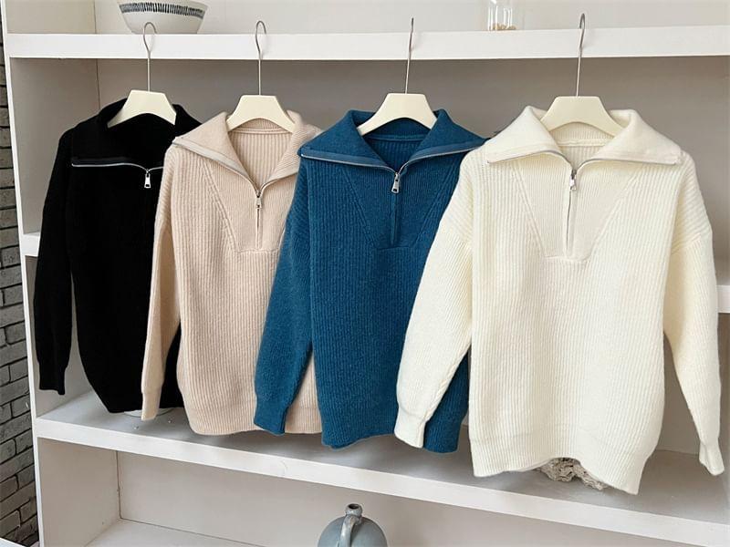 Turtleneck Half Zip Plain Sweater Product Image