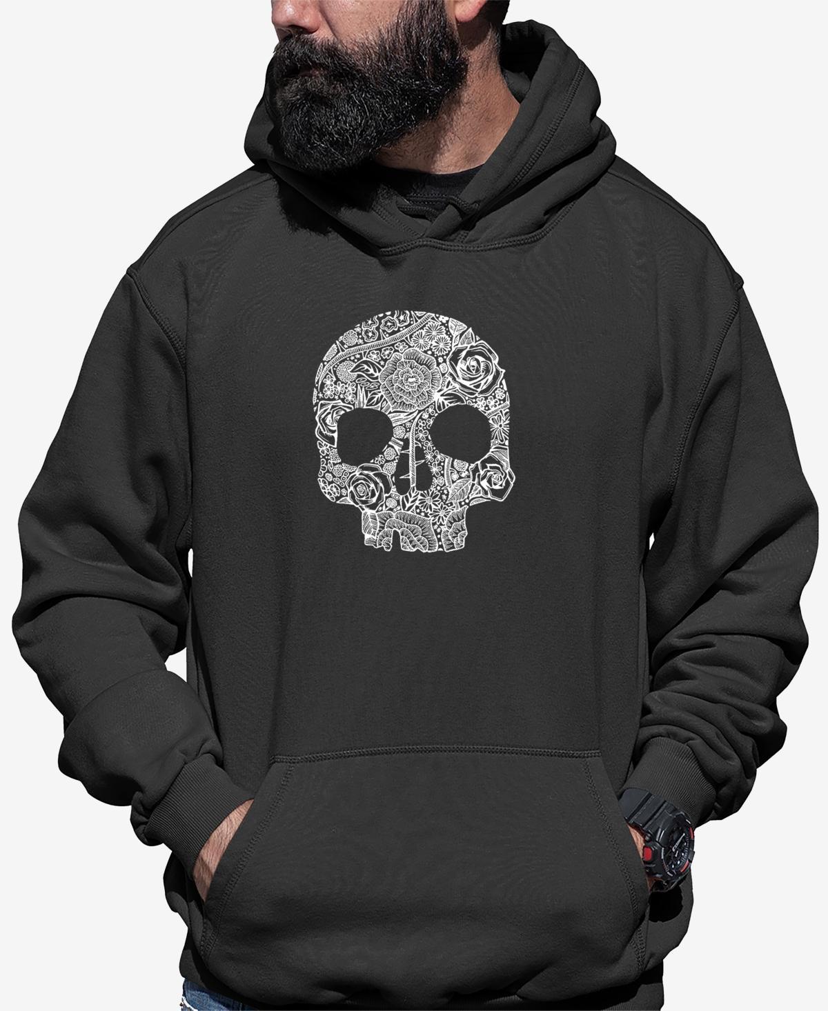 La Pop Art Mens Flower Skull Word Art Long Sleeve Hooded Sweatshirt Product Image