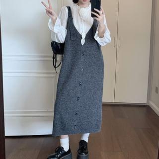 Sleeveless Knit Midi A-Line Dress / Long-Sleeve Blouse Product Image