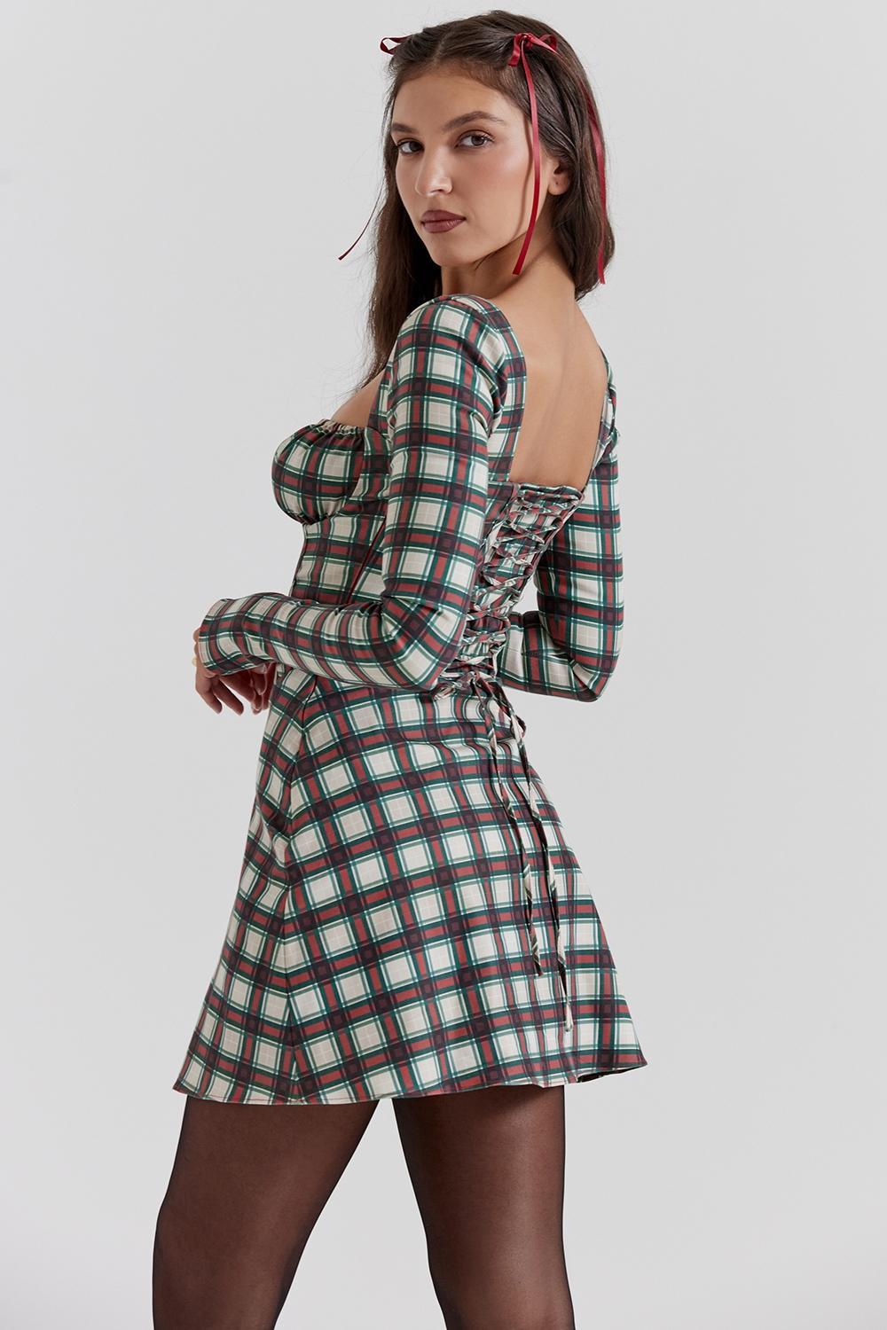 Eliza Red Tartan Corset Midi Dress - SALE Product Image