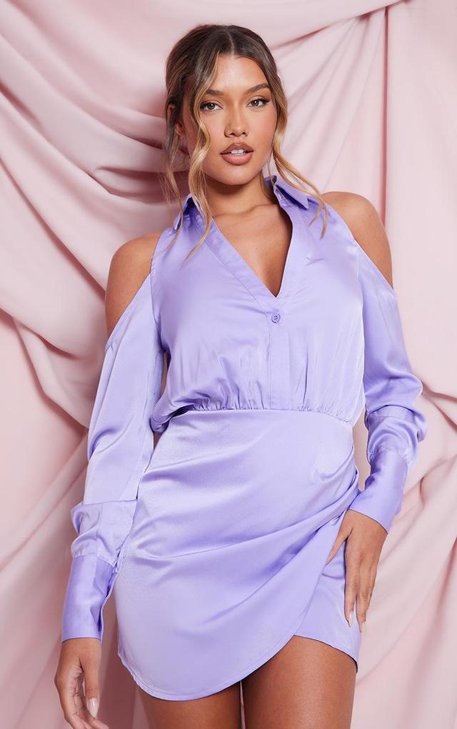 Lilac Cold Shoulder Satin Wrap Shirt Dress Product Image