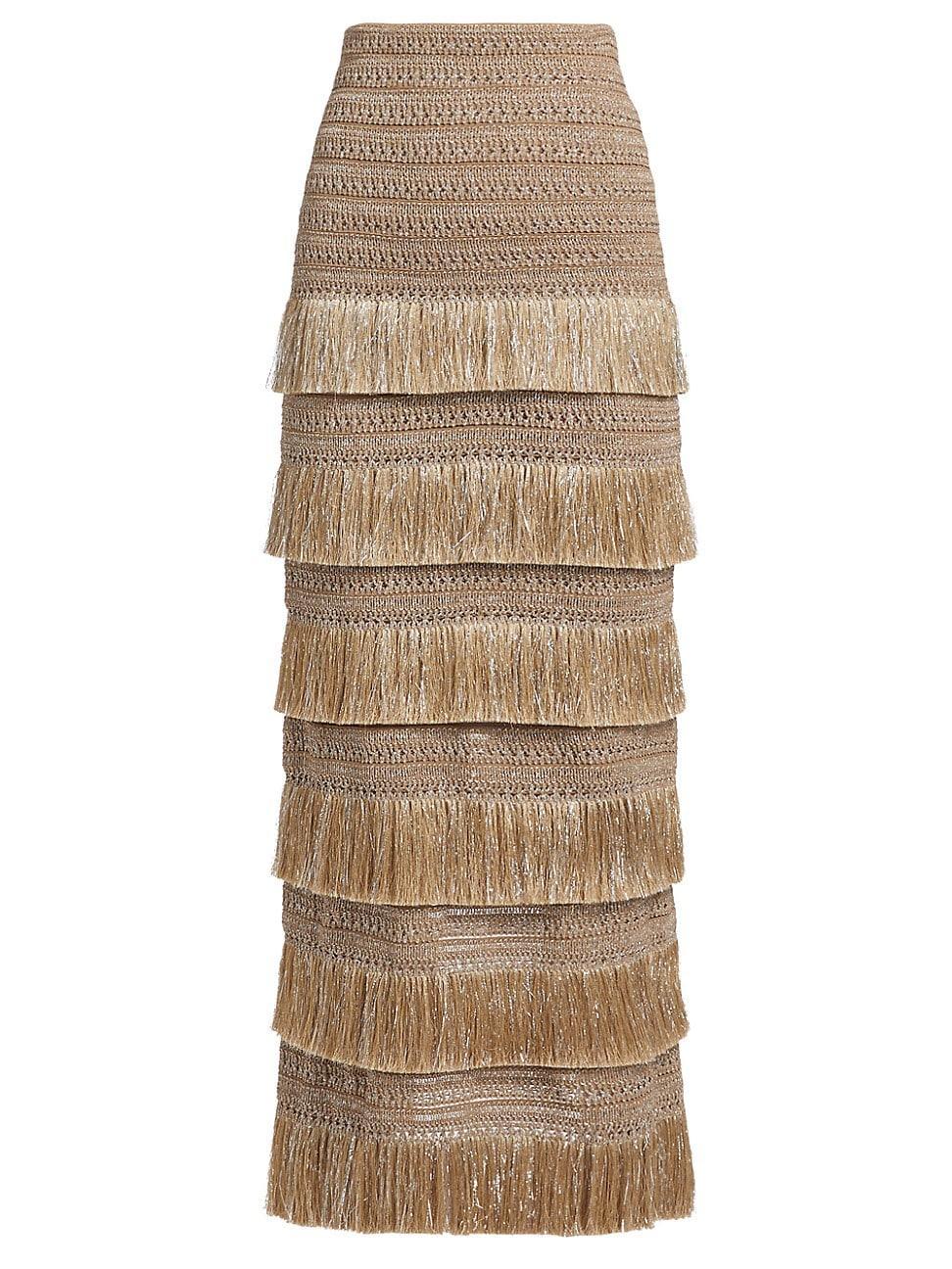 Womens Metallic Tiered Fringe Midi-Skirt Product Image