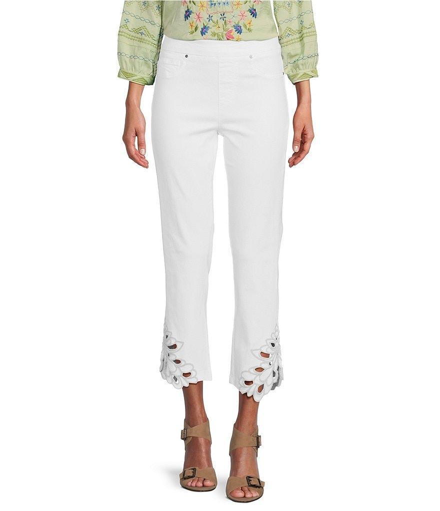 John Mark Stretch Straight Leg Embroidered Eyelet Hem Cropped Pull-On Pants Product Image