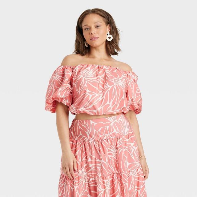 Womens Balloon Off the Shoulder Blouse - A New Day Coral/White 3X Product Image