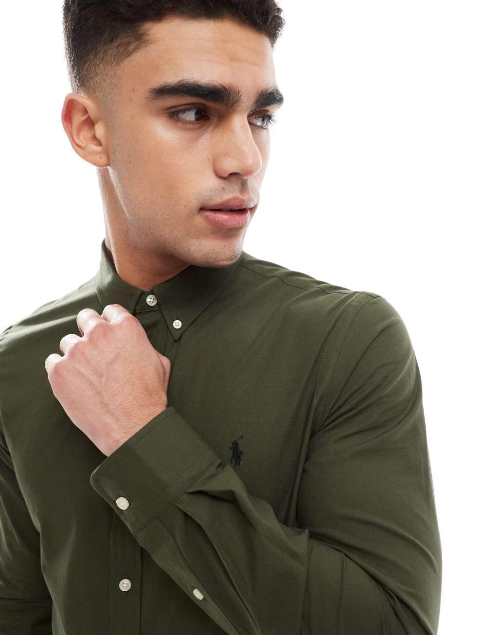 Polo Ralph Lauren icon logo slim fit stretch poplin shirt in dark green Product Image