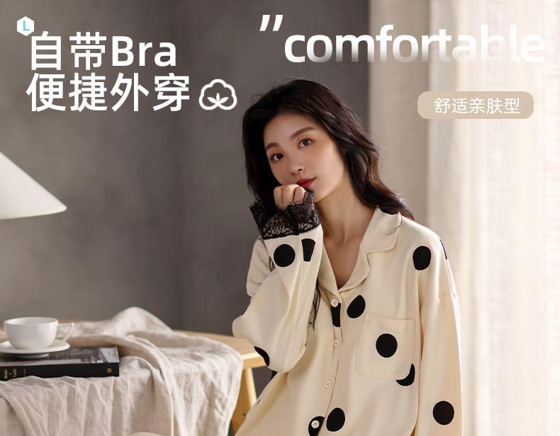 Pajama Set : Lace Panel Polka Dot Padded Button-Up Shirt + Pants Product Image