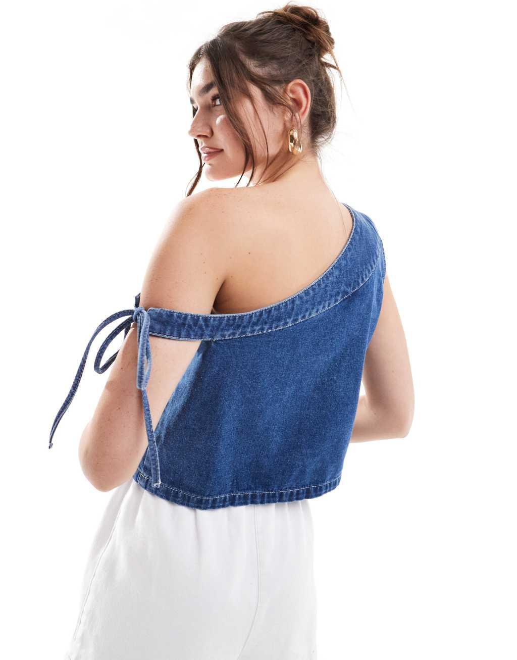 ASOS DESIGN denim one shoulder top in mid blue Product Image