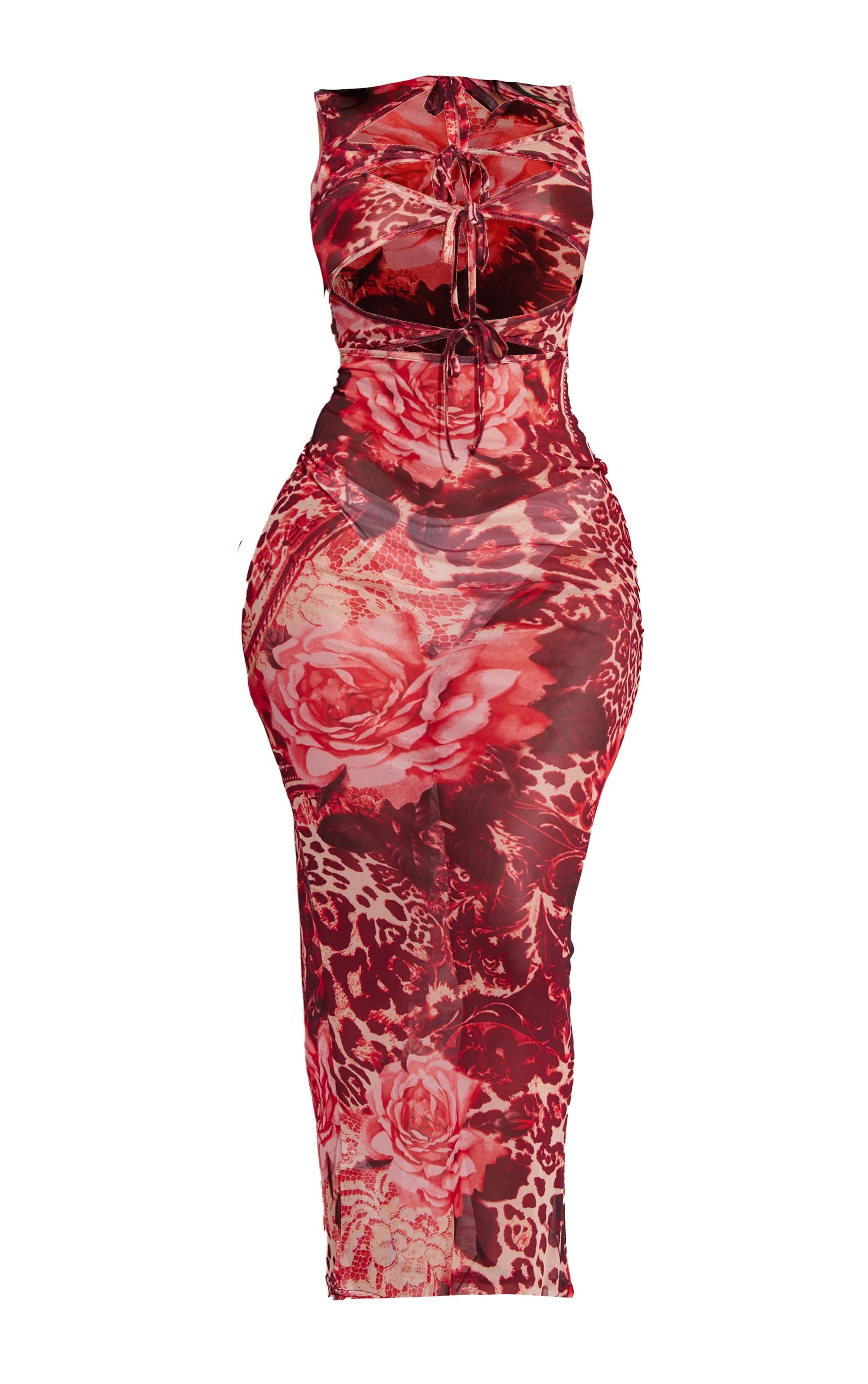  Shape Pink Printed Mesh Sleeveless Tie Front Cut Out Maxi Dress Product Image