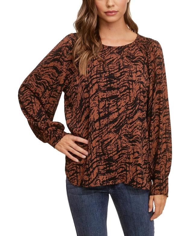 Fever Womens Printed Soft Crepe Blouse with Smocking - Brown Product Image