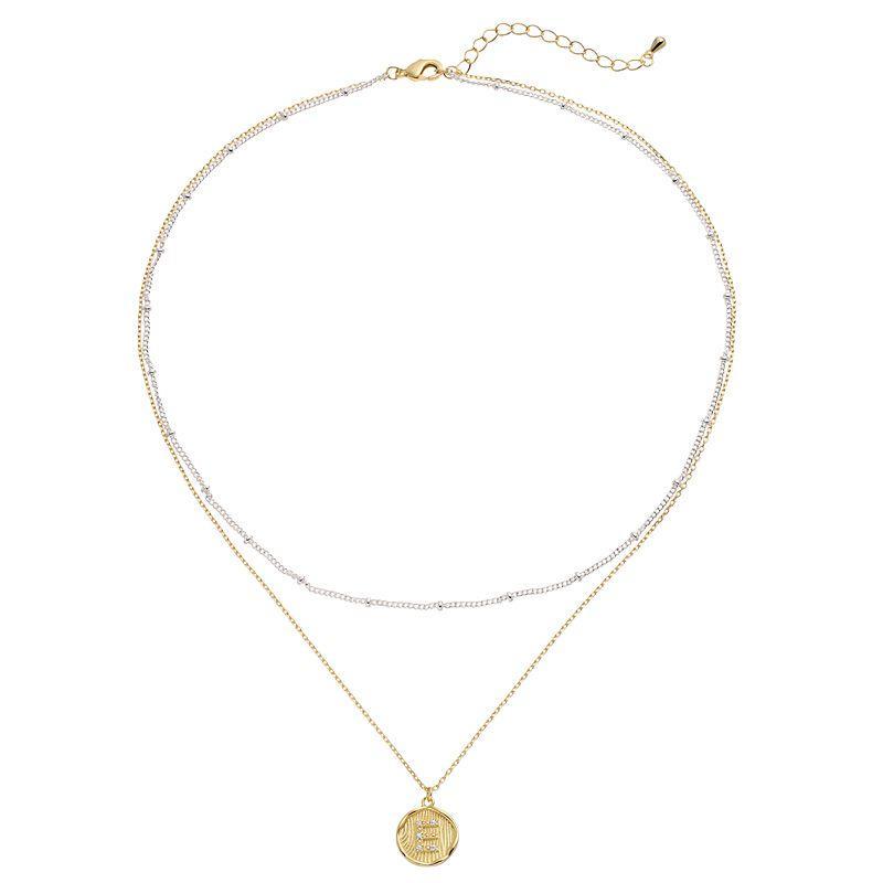 City Luxe Two Tone Layered Initial Disc Necklace with Cubic Zirconia, Womens Two Tone A Product Image